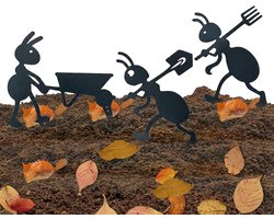 Set of 3 Ants Garden Stakes Made of Iron Metal Weatherproof Garden Decoration with Shovel, Fork and Carts, Rust - ShopVlot