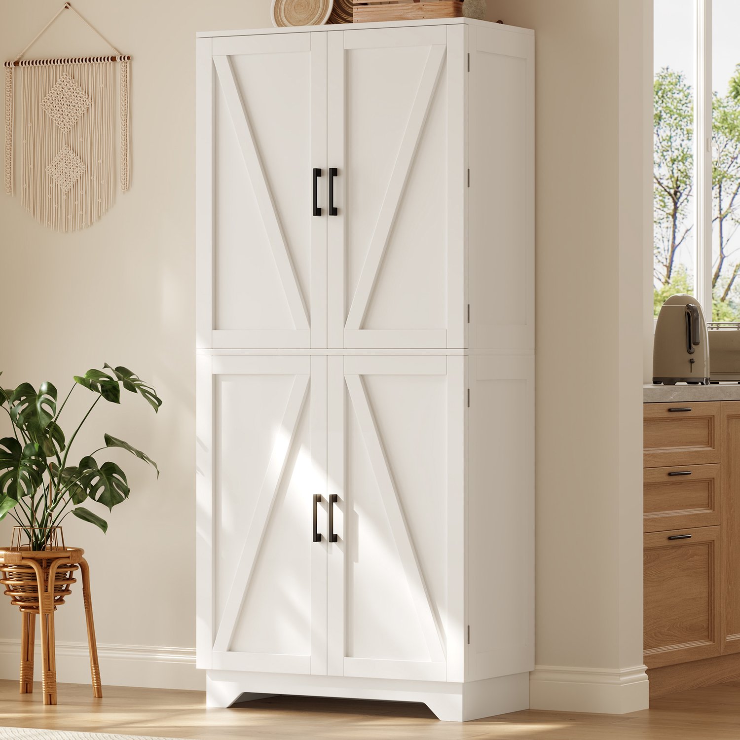 Keukenkast - Hoge Opbergkast Met 4 Deuren En Wijnrek - Voor Keuken, Eetkamer En Woonkamer - MDF - 80 X 40 X 180 Cm - Wit En Naturel