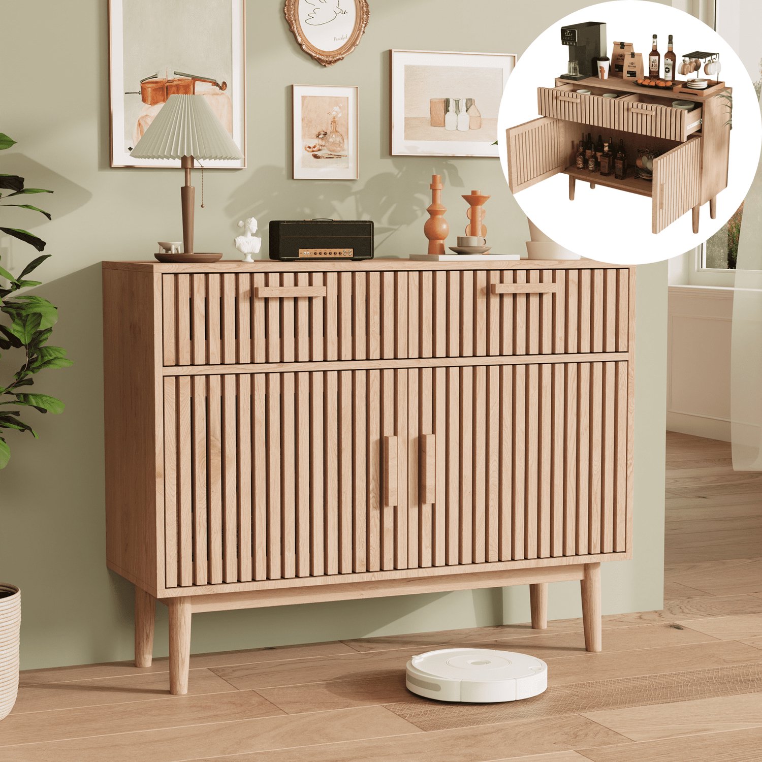 Dressoir 100cm in natuurhout, Buffetkast met 2 lades en 2 deuren, Ladekast met houten handgrepen en poten, Opbergmeubel voor Eetkamer, Hal en Woonkamer, 100 x 35 x 80cm