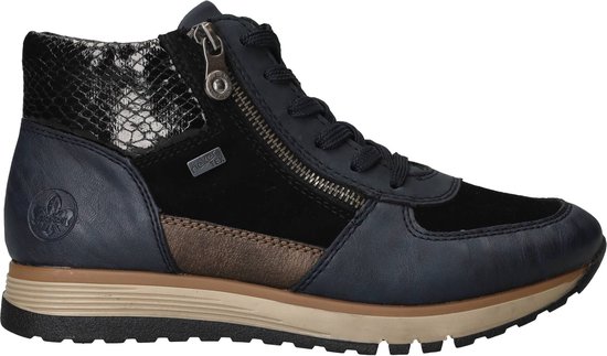 Profil d'une bottine Rieker bleue pour femme avec fermeture éclair, lacets et semelle beige, étiquette Rieker Tex.
