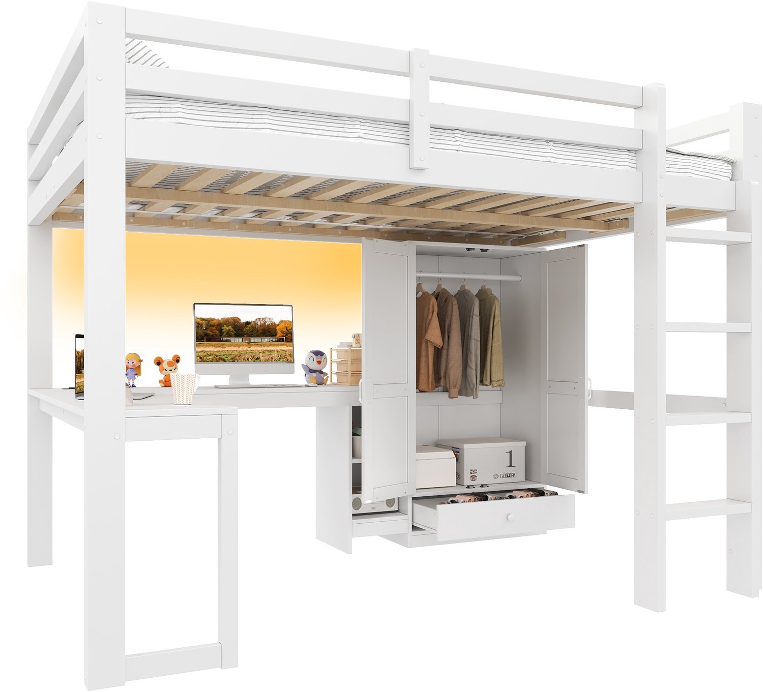 Merax Hoogslapend bed 140x200 cm - met bureau - planken - kast - USB-poort en LED - wit