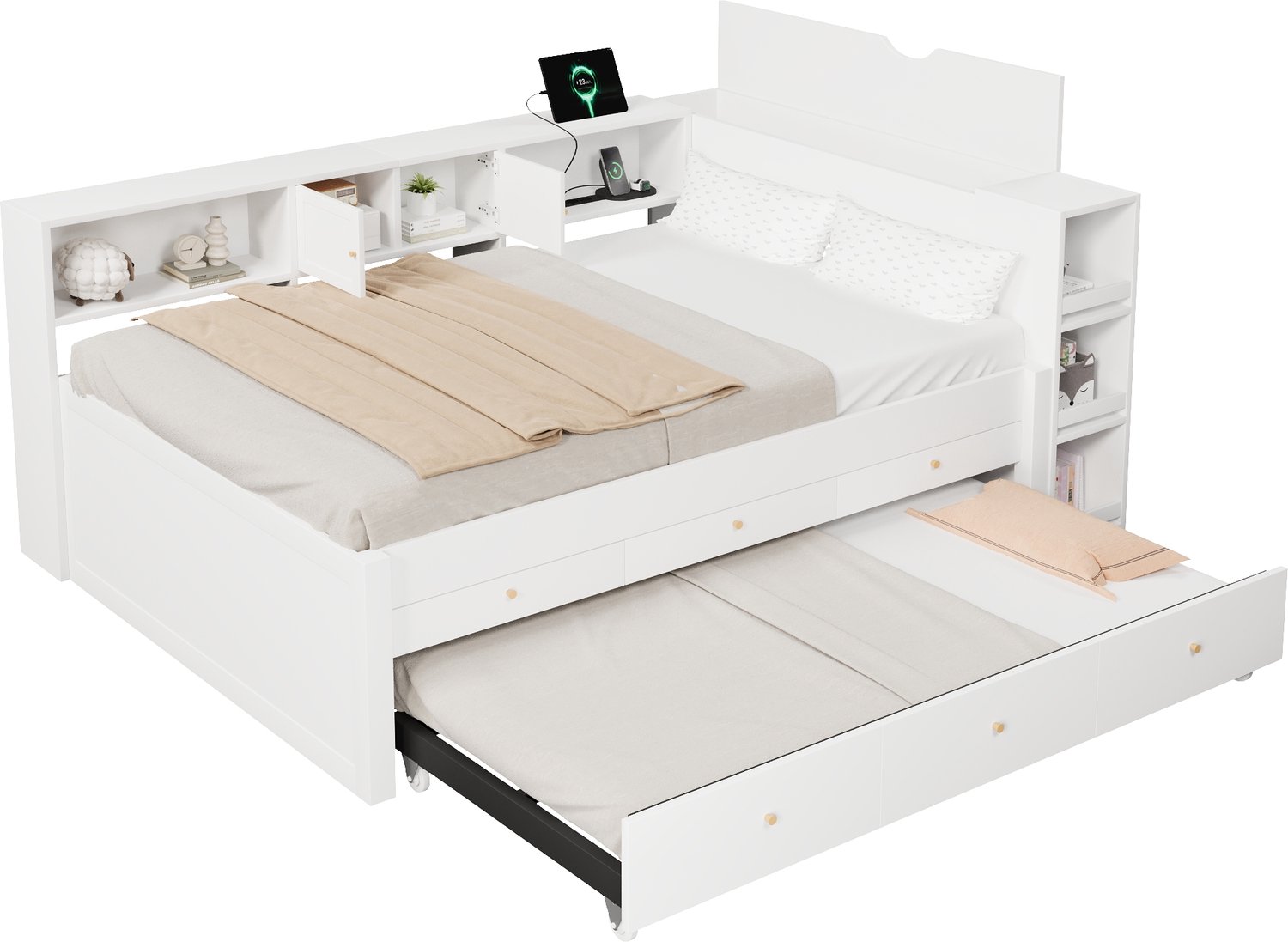 Merax Houten onderbed 140x200 cm - met USB-laadpoort - 3 lades - wit