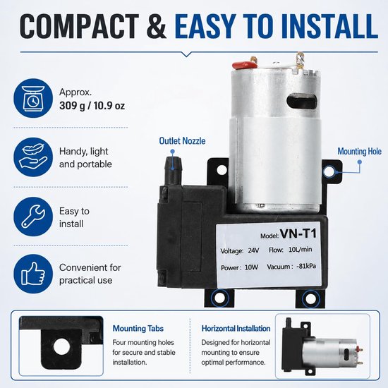 Vacuümpomp DC Mini, 12 V/24 V Micro DC vacuümpomp, industriële pomp met laag geluidsniveau, 10 l/min, stroomregelaar, 81 kpa luchtpomp van kunststof (Dc24v) — afbeelding 3