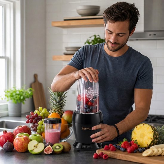Man in T-shirt bereidt een smoothie in een zwarte Zenvox 1200W blender omringd door vers fruit.