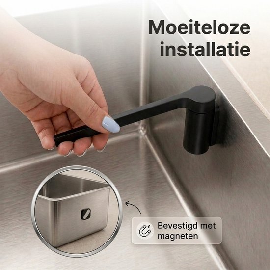 Installatie van de zwarte magnetische vaatdoekhouder met een kleine ronde magneet voor aan de buitenkant.