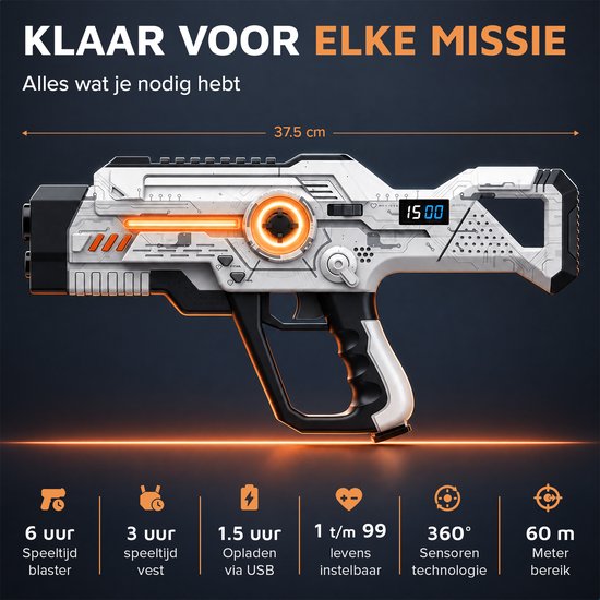 Witte lasergame blaster van 37,5 cm met oranje LED-details, digitaal display en 60 meter bereik.