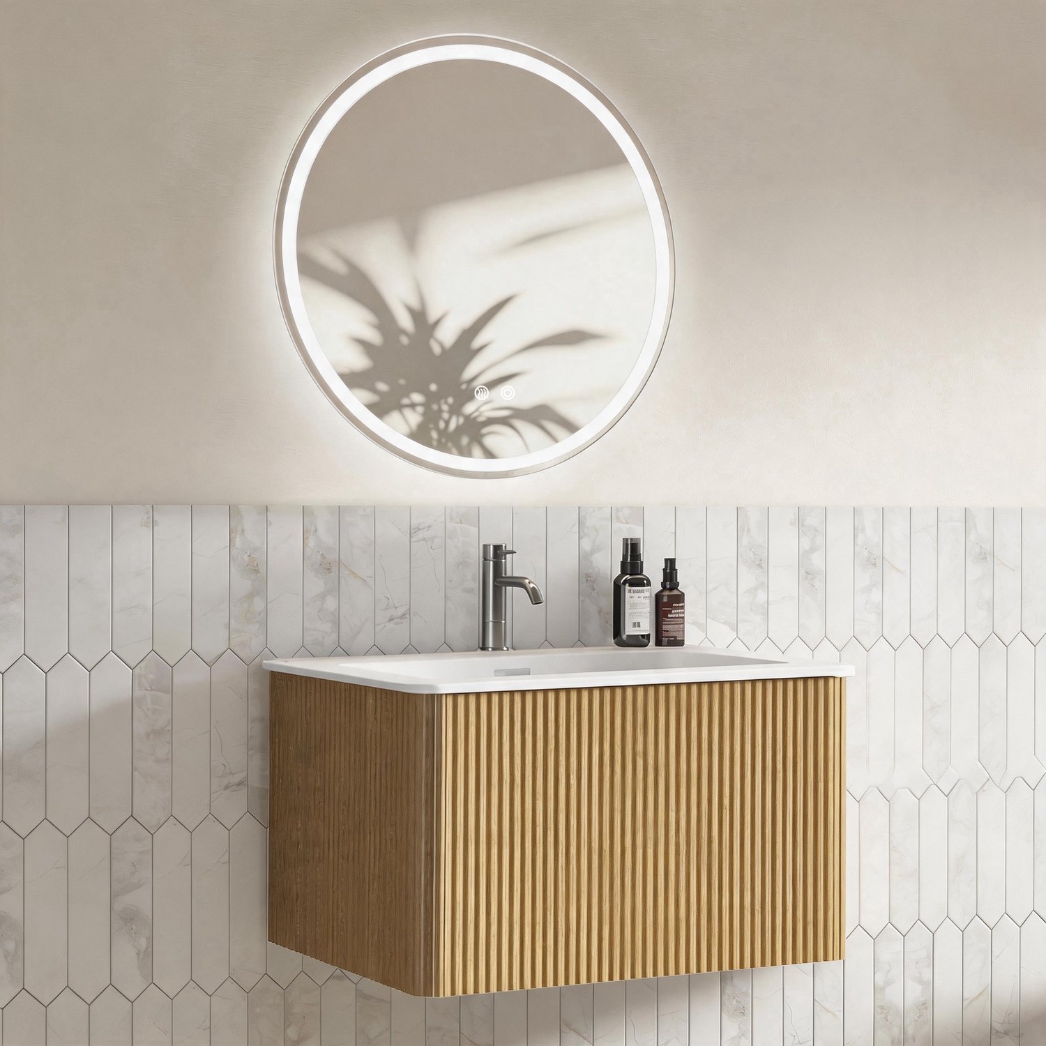 Badkamermeubelset met Ronde LED-spiegel - Wastafelmeubel van 60 cm - Zwevend Met Lade En Geïntegreerde Wastafel - Eiken - Voor Badkamer