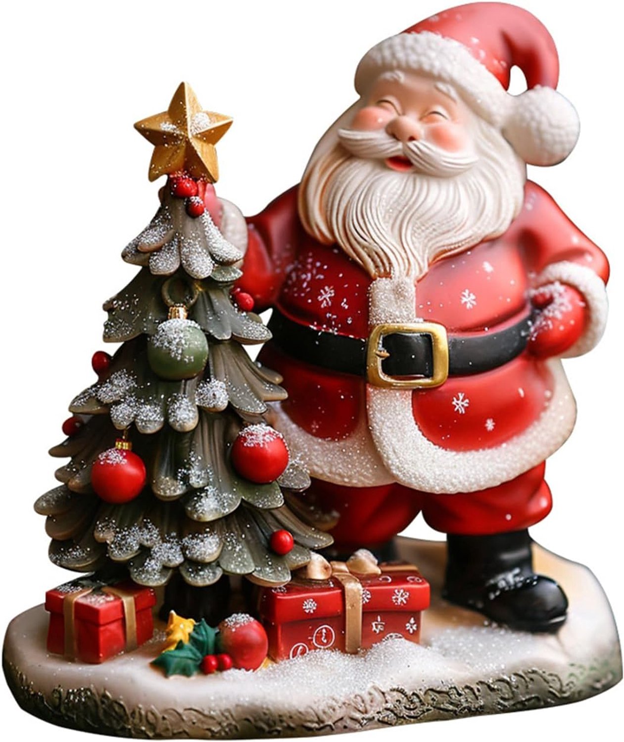 Decoratief harsfiguur voor de feestdagen (geschikt voor schoorsteenmantel of bureau): Kerstman met kerstboom en handbeschilderde afwerking – Kerstdecoratie voor op tafel of in huis – Kerstmanfiguur / Kerstornament