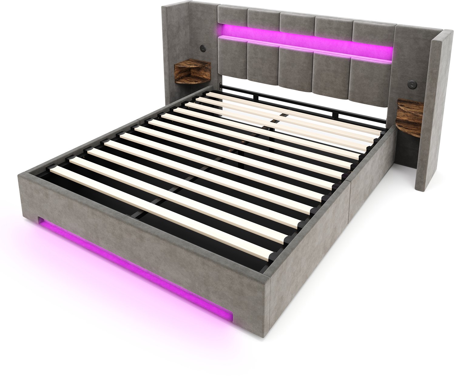 MUVANO Fluwelen bedframe 160x200 - bed met breed hoofdbord - bed met USB-aansluitingen - bed met LED-verlichting - hydraulische opbergruimte voor de slaapkamer donkergrijs