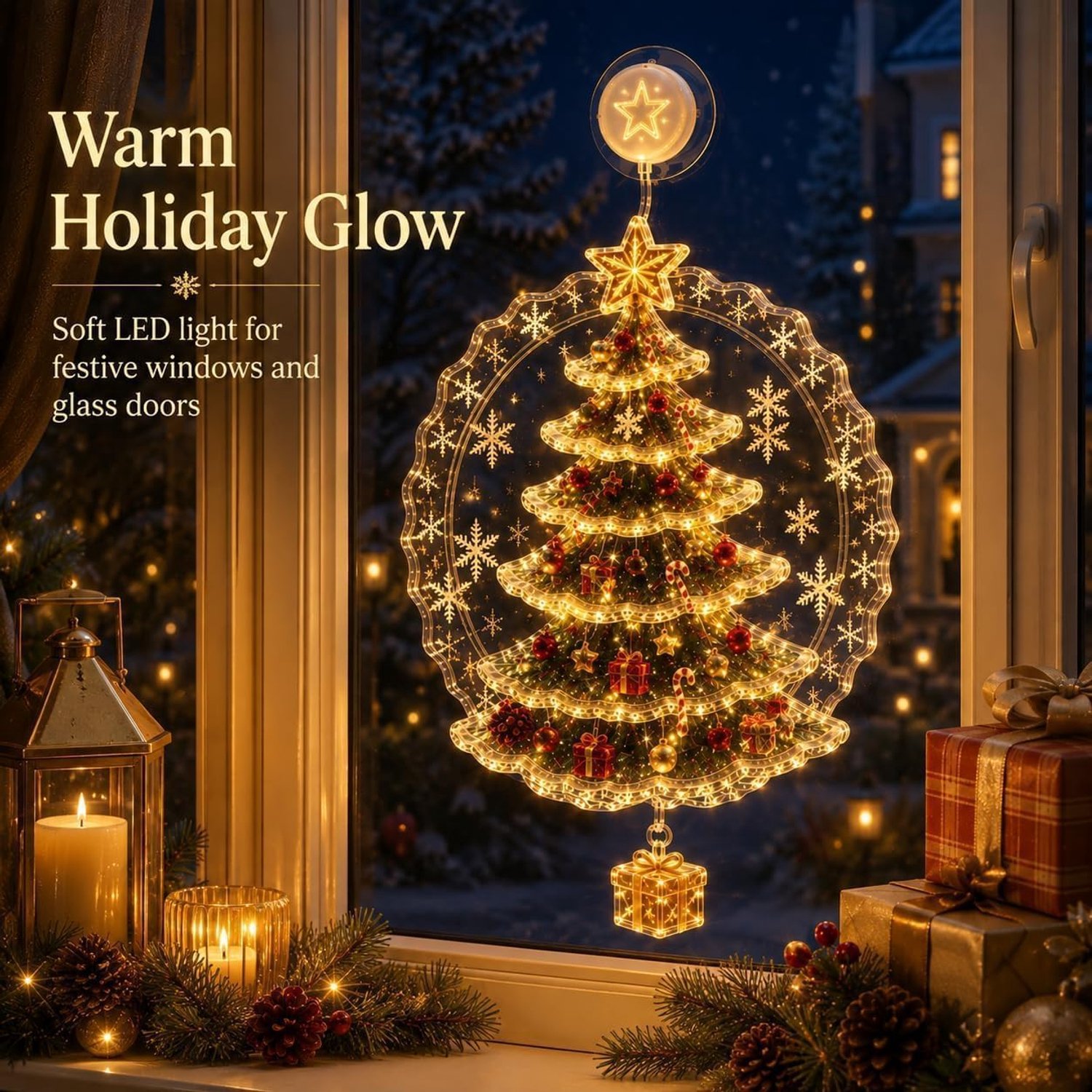 5×3D-kerstraamverlichting - Kerstversiering - Led - Kerstornamenten - Kerstthema - Ontwerp met zuignap - Geschikt voor kerstdiners, familiebijeenkomsten en feestjes tijdens de feestdagen - Feestelijke sfeer - Creatieve hangende versieringen – foto 6