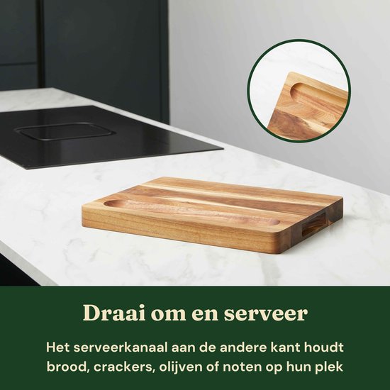 Bikolo® Houten Snijplank Acaciahout Extra Dik - Hakblok - Grote Borrelplank - Serveerplank - Tapasplank - Met Handvaten, Sapgeul & Serveerkanaal — cadeau in Kookcadeaus - foto 5