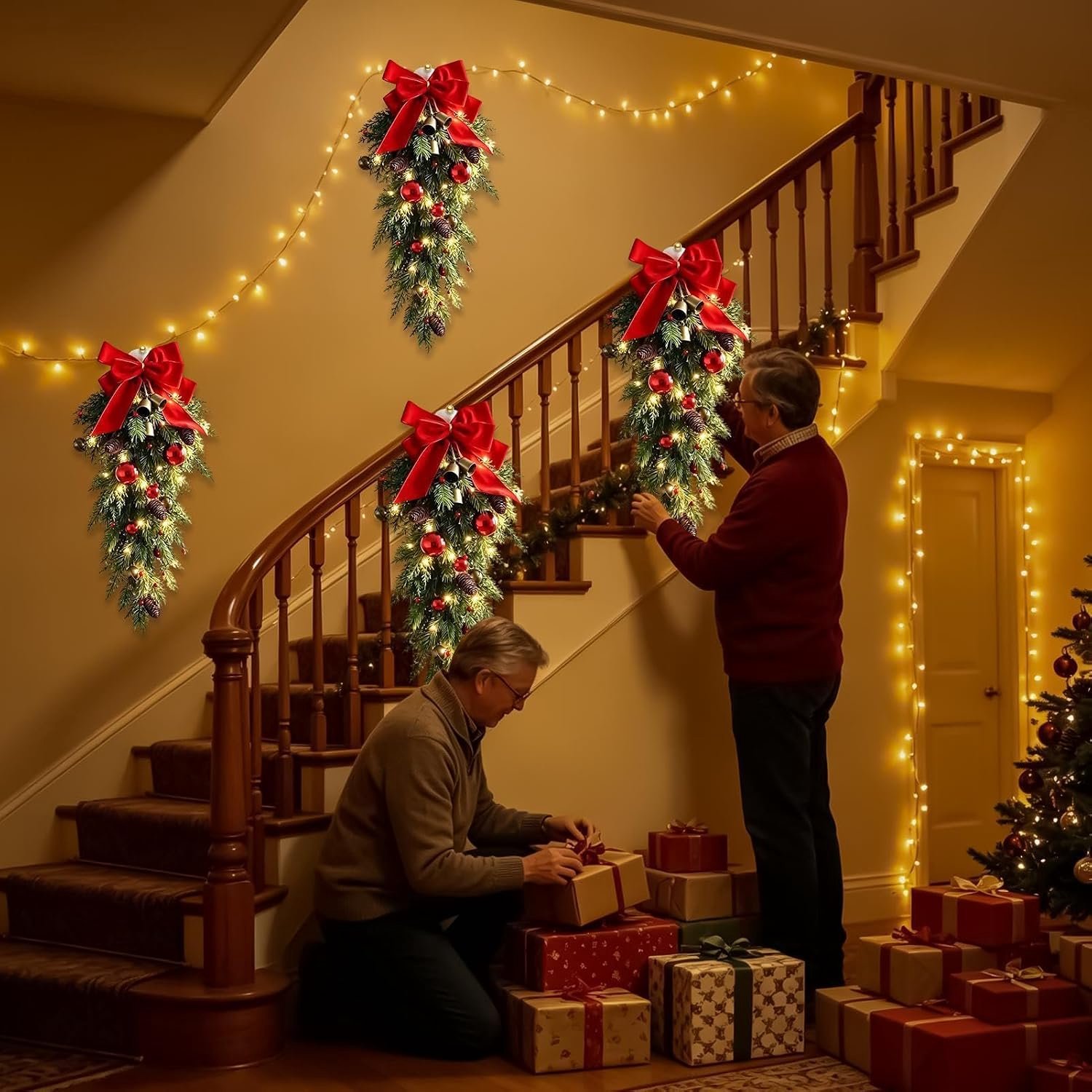 1 stuk - Kerstkrans - Kerstbelversiering - geschikt om op te hangen aan vloeren en deuren - strikversiering - Kerstdecoratie - met lichtjes - rood – foto 3