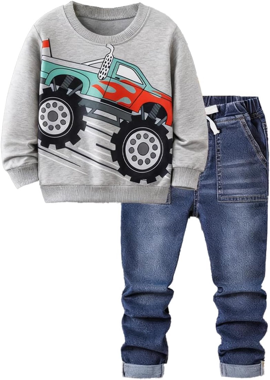 Sweatshirt en jeans set met monstertruckprint voor jongens 3-10 jaar