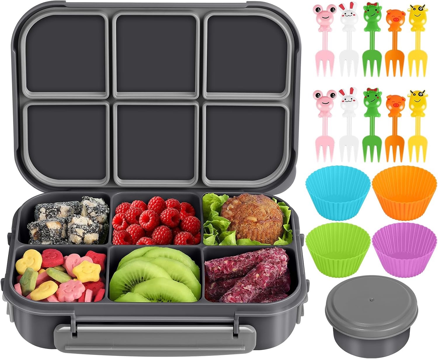 Lunchbox met 6 vakken, 1200 ml, met sausbakjes, vorkjes en muffinvormtjes