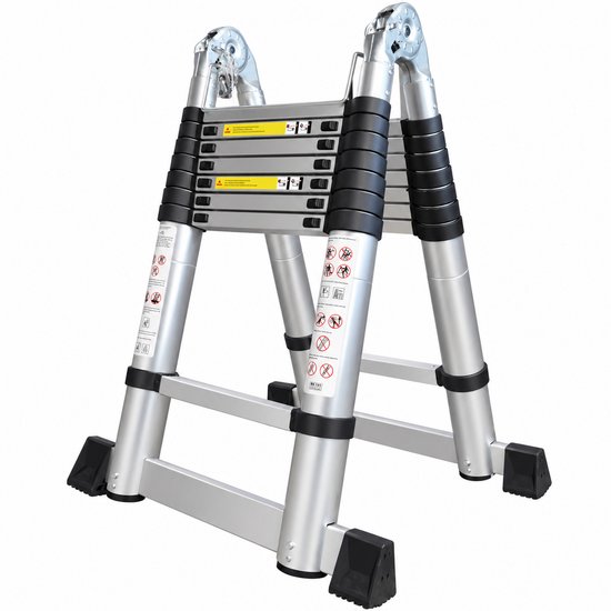 Aluminium Mexxo telescopische vouwladder in A-stand met zwarte stabilisatiebalk en veiligheidsinstructies.