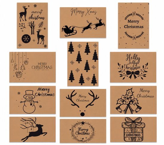 Twaalf verschillende bruine kerstkaarten met zwarte illustraties zoals rendieren, kerstbomen en Merry Christmas tekst.