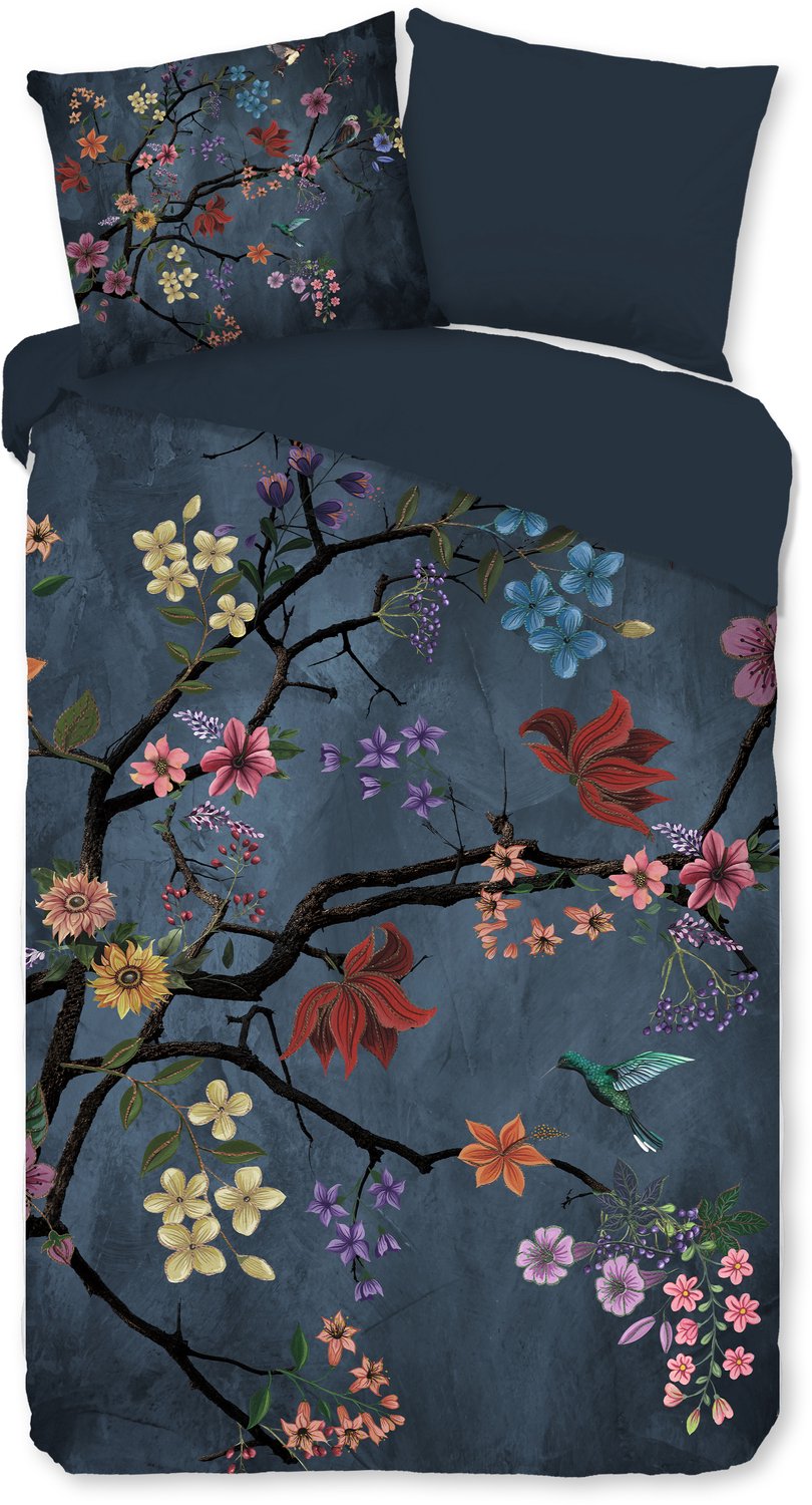 Pure dekbedovertrek takken met gekleurde bloemen en vogels - 1 persoons 140x200/220 cm - Donkerblauw - Microvezel