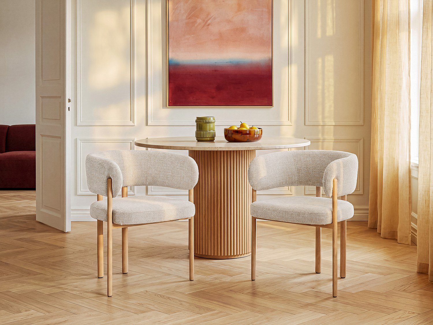 Vente-unique Set van 2 stoelen in tweedstof en metaal met houtlook - Beige en Licht natuurlijk - CIBARO