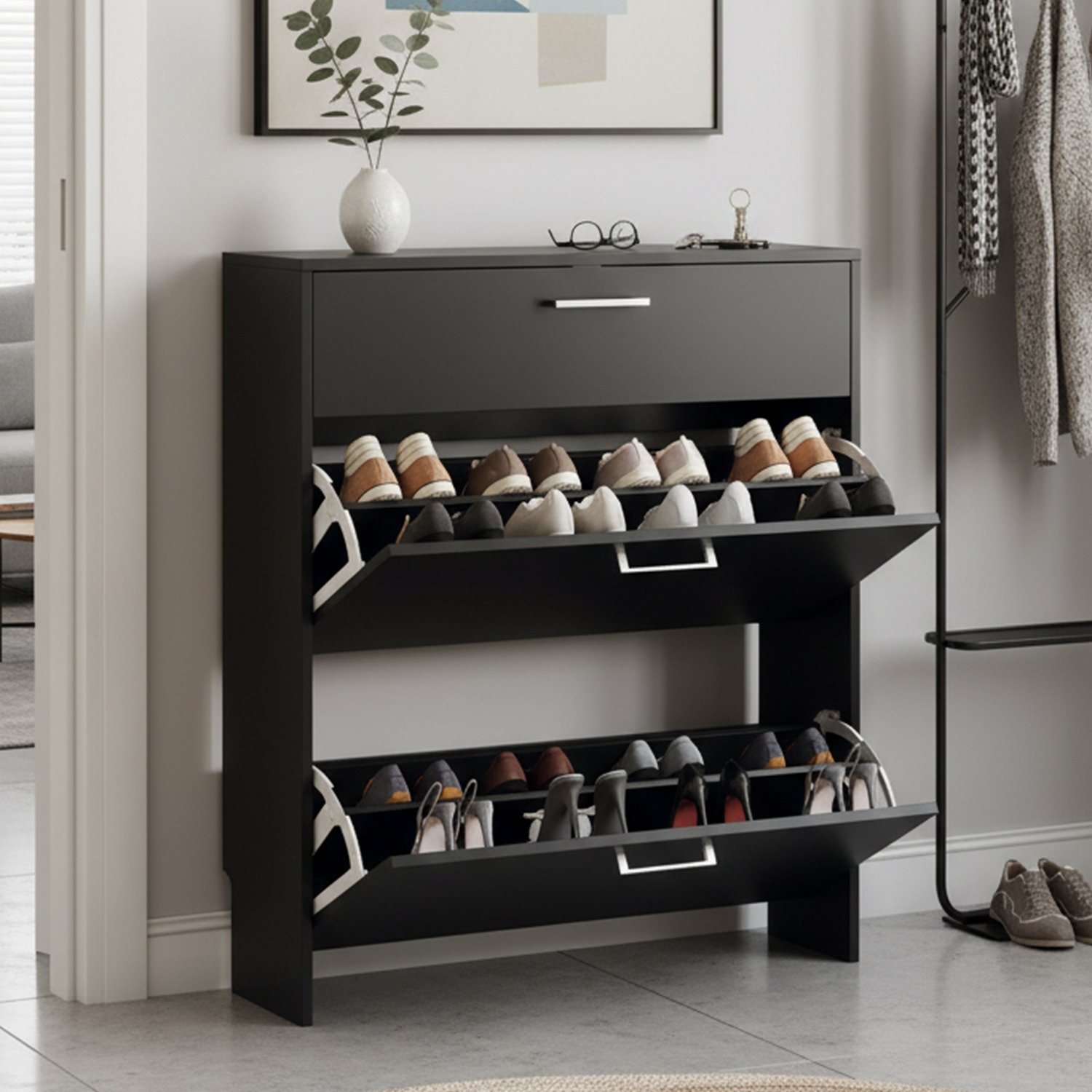 LEADZM Schoenenkast met 2 deuren - Zwart - 80 x 24 x 94 cm - met lade