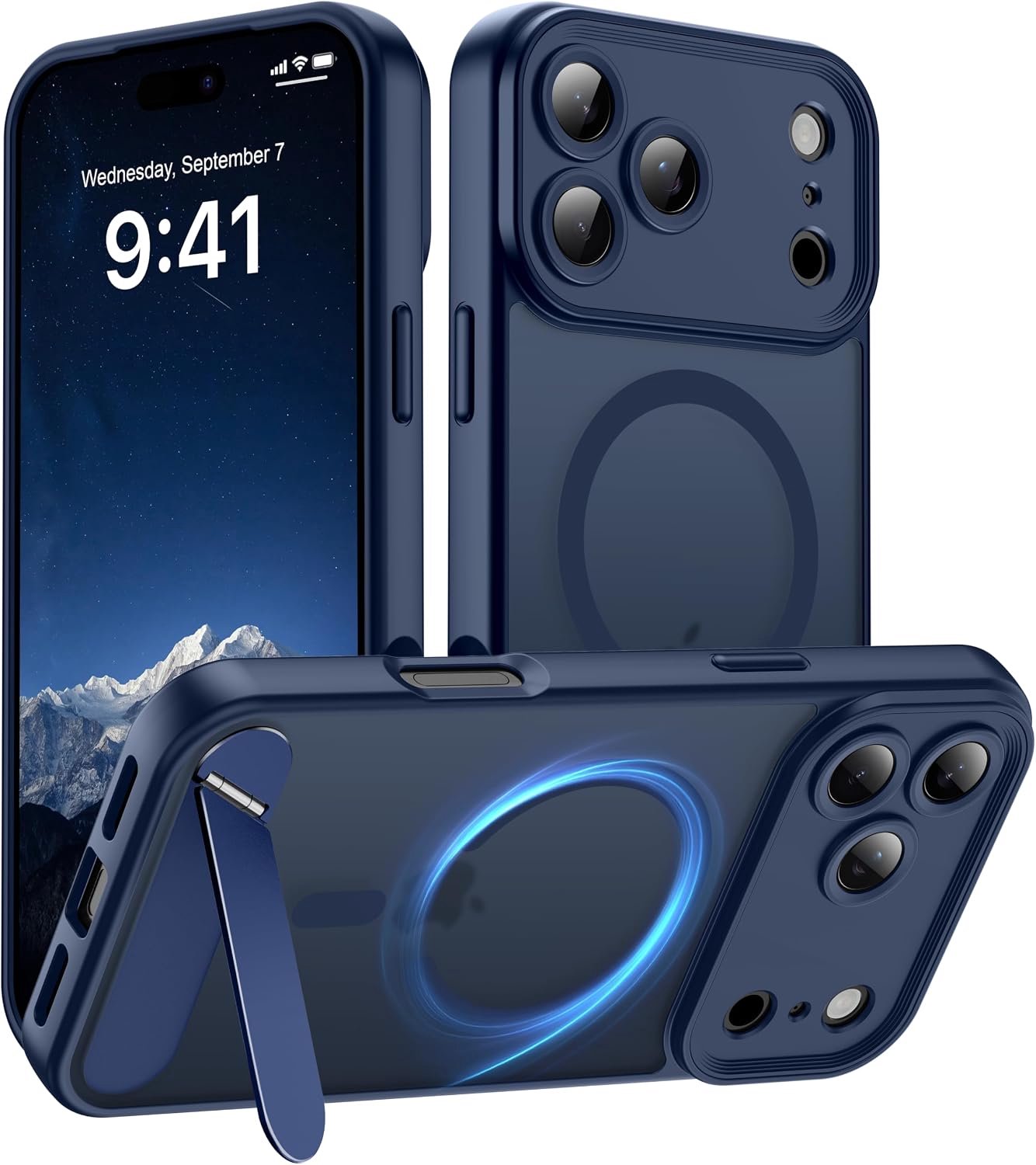 Zandarix Hoesje Geschikt voor Apple iPhone 18 Pro Max - Back Cover Hoesje - Doorschijnend - Militaire Bescherming - Geschikt voor Mag - Kickstand - Camerabescherming - Mat Blauw