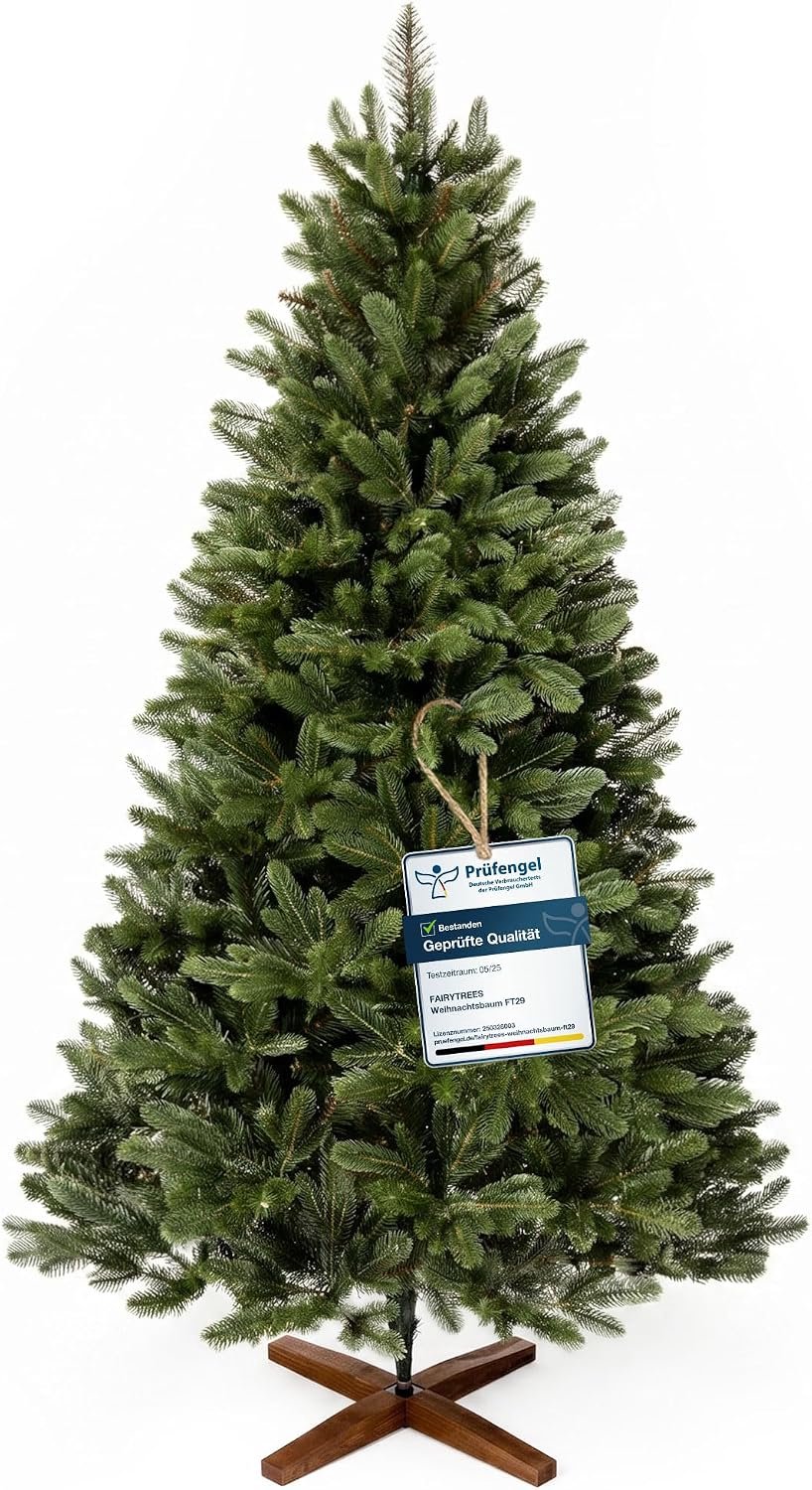FAIRYTREES Kunstkerstboom 120 cm met PE-takken, Donkergroen, Nordmann-spar Handgemaakt in Europa, Testwinnaar, Kleine en Realistische Kerstboom met Houten Standaard, Model FT29