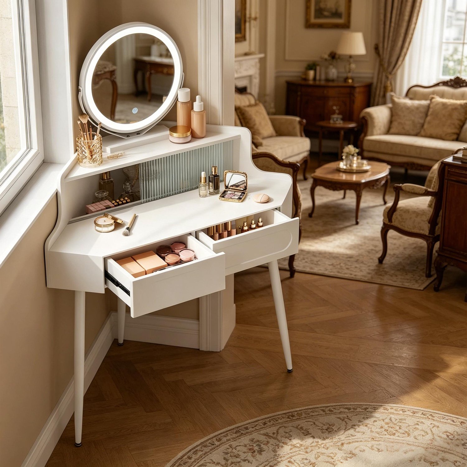 Kaptafel Met Ronde Spiegel - Dimbare Verlichting En Twee Lades - Hoekmodel Voor Slaapkamer Of Dressing - Wit MDF Met Metalen Poten