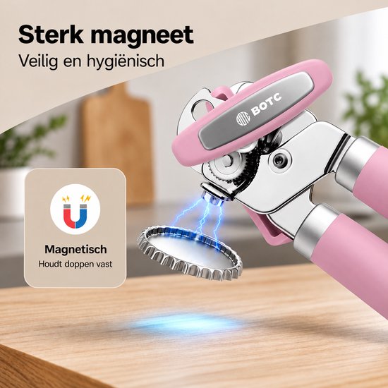 Roze blikopener met krachtige magneet die veilig metalen deksels na het openen vasthoudt.