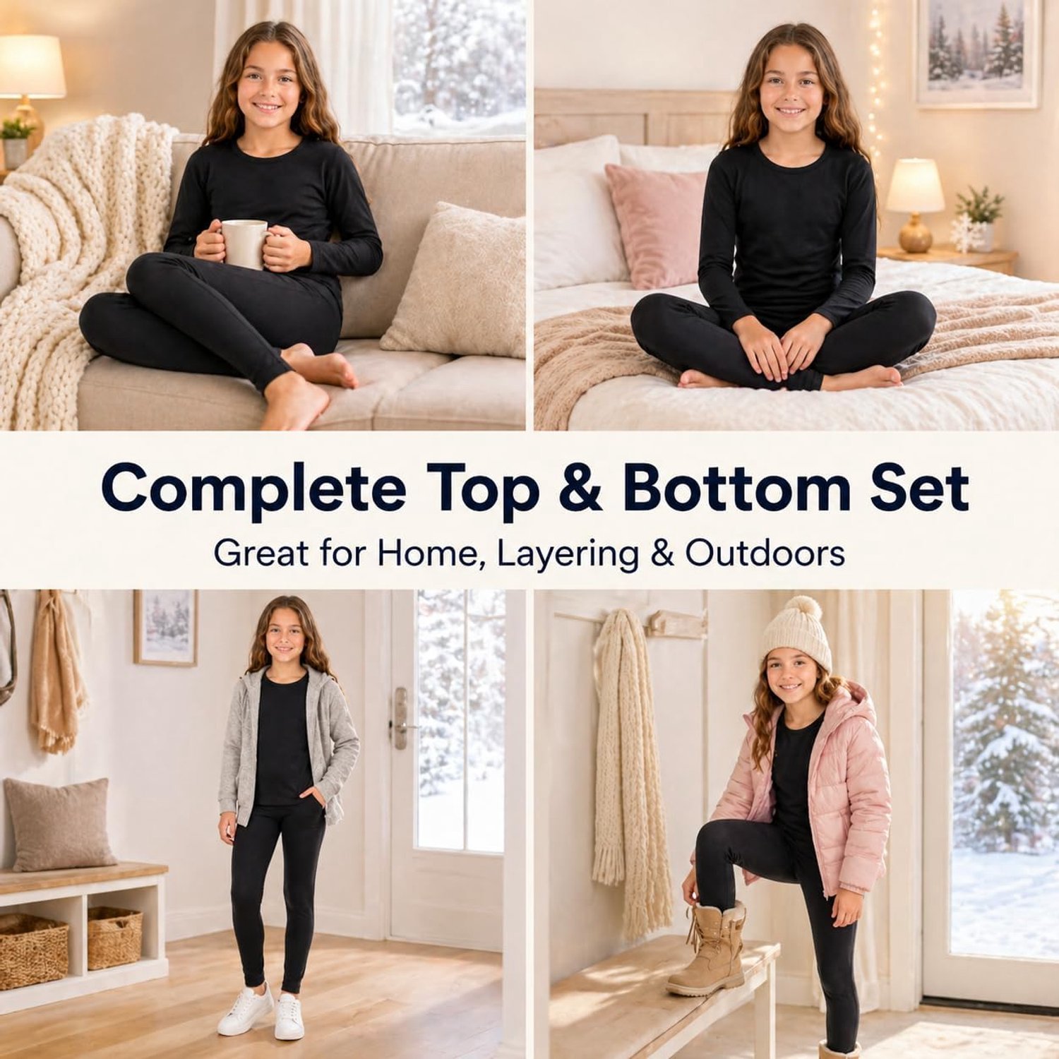 Ondergoed set voor meisjes met fleece voering, ademend, voor winter buiten