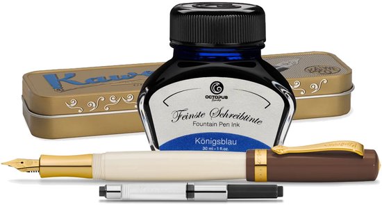 Kaweco set met bruin-crème vulpen, inktpot 'Königsblau' en converter in een metalen blik.