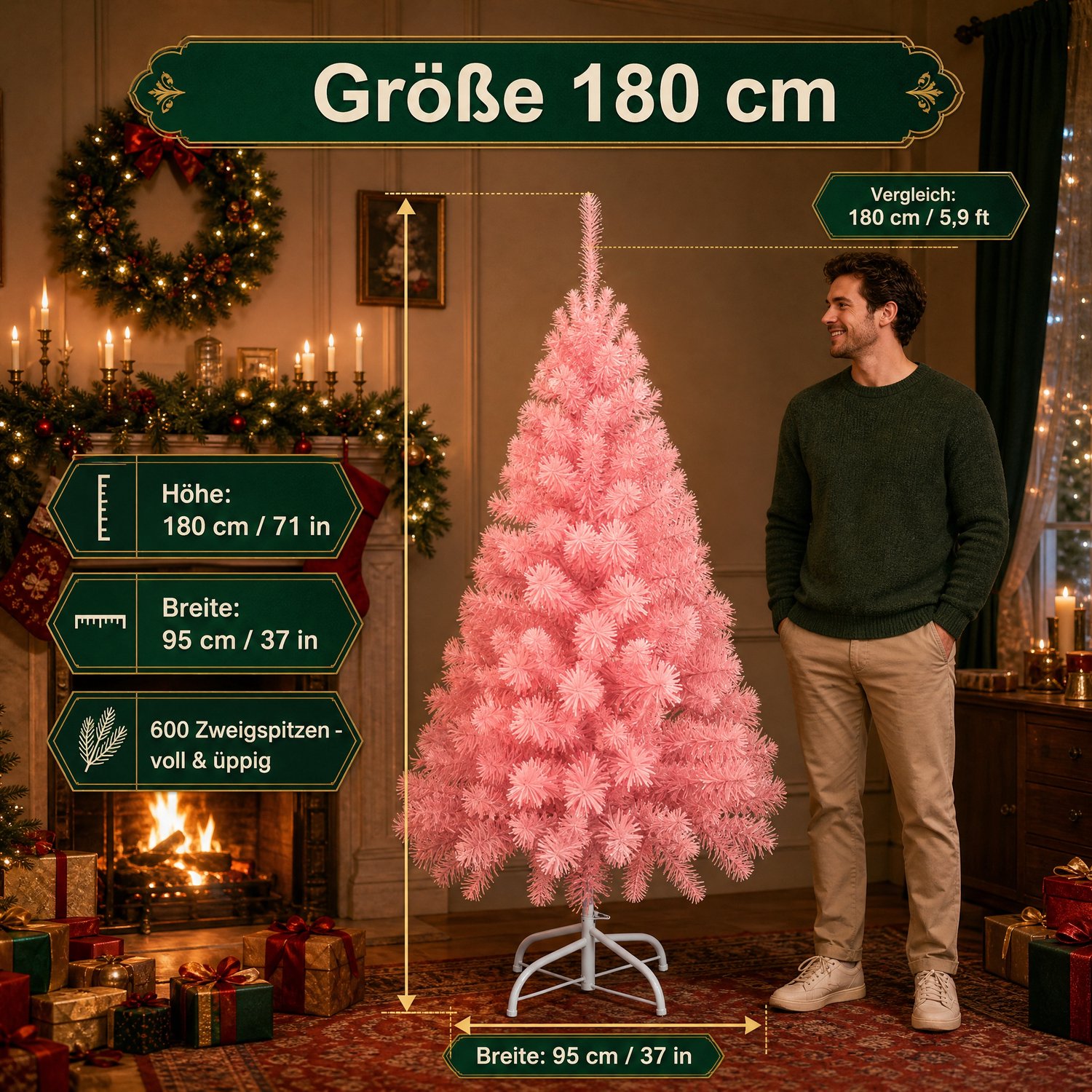 Froadp 180CM Roze kunstkerstboom, vlamvertragend pvc, natuurlijk ogende naalden, stevige standaard van roestvrij staal/kunststof, herbruikbaar, eenvoudig te monteren; geschikt voor woonkamers, etalages en bedrijfspanden. – foto 2