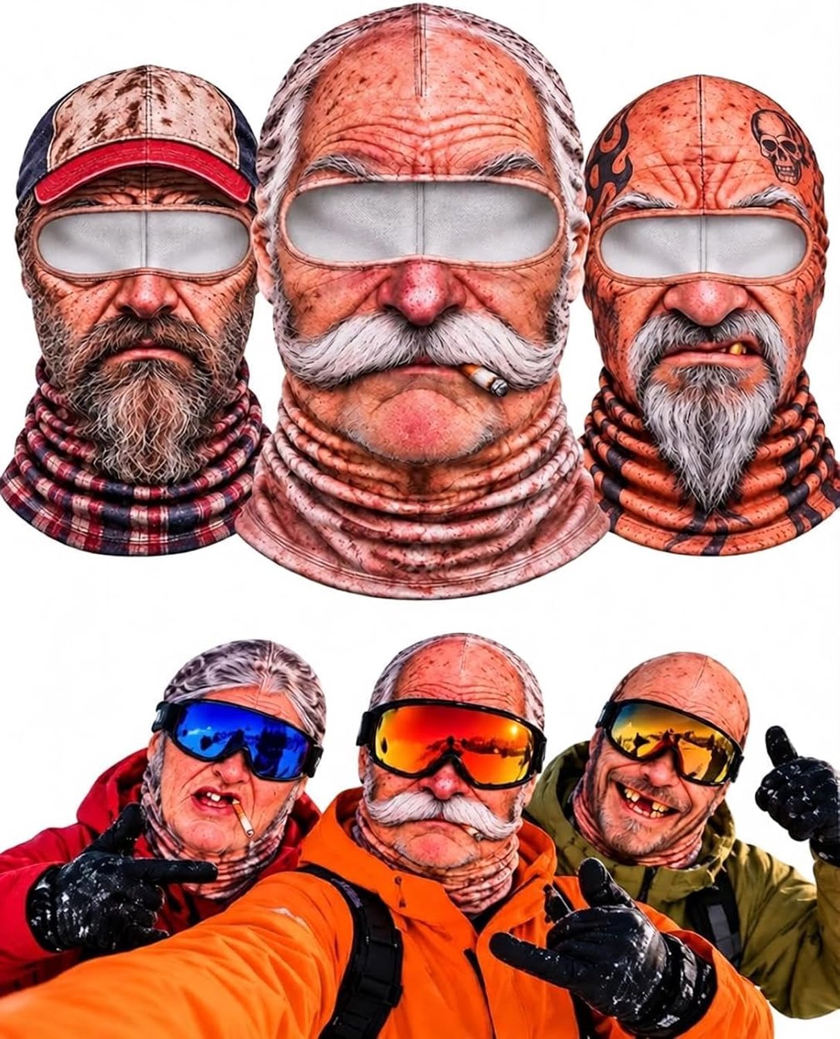 3 stuks Grappige Oude Man Skimasker voor Mannen Winter Gezichtsmasker met Nekbedekking & Brilgeschikte Oogopeningen Nieuwigheid Verkleedaccessoire Geschikt voor Skiën Snowboarden Feesten & Themafeesten Grappig Origineel Cadeau Cyslmuk® Stijl-a
