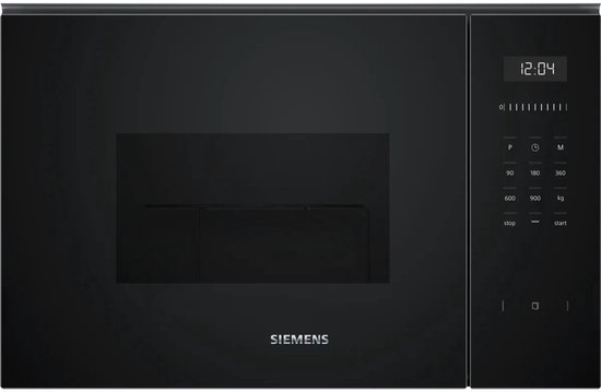 Zwarte Siemens inbouwmagnetron met glazen deur, digitaal display en aanraakbedieningspaneel aan de rechterkant.