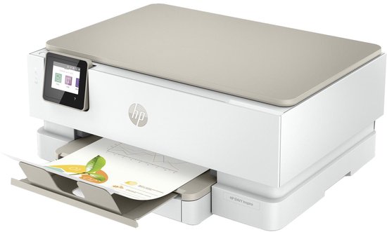 Witte HP ENVY Inspire printer met beige deksel, touchscreen en document met grafische print.