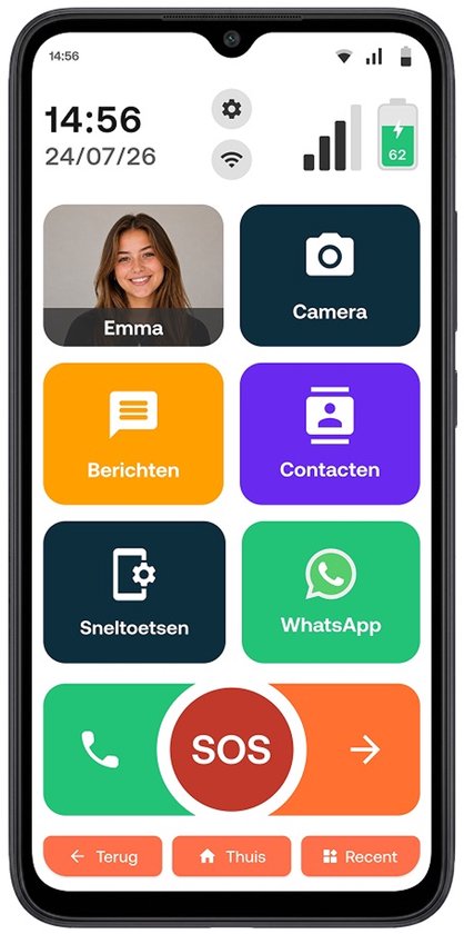 Startscherm van de Senifone S1 met grote knoppen voor bellen, contacten, WhatsApp en centrale SOS-functie.