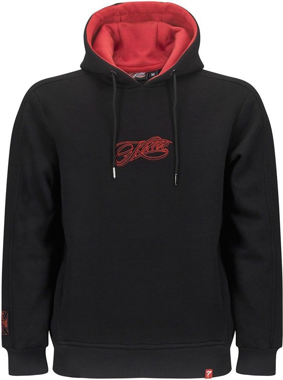 Zwarte hoodie met rode capuchon en rode 'WCC Script Logo' op de borst. Rood met zwarte print op de linkermouw.