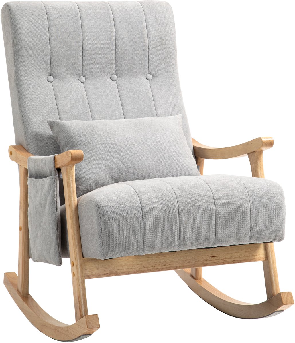 Schommelstoel - Grijs - Houten Frame - Lendenkussen - Zijvak - Stoffering