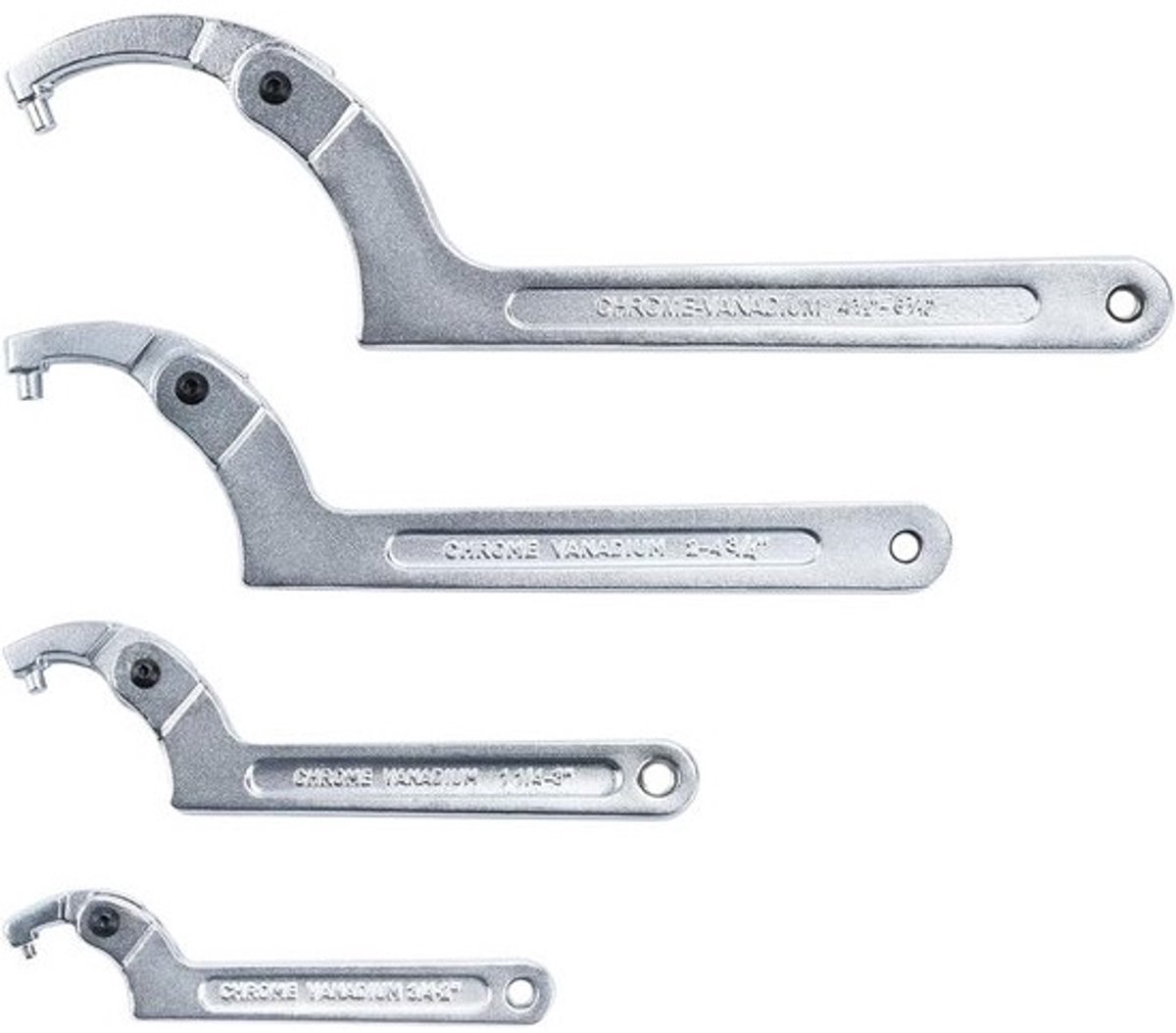 Verstelbare pinsteeksleutelset - Haaksleutelgereedschap - Voor het monteren van leidingen - 4 verschillende maten - Tot 6-7/10" - Zilver