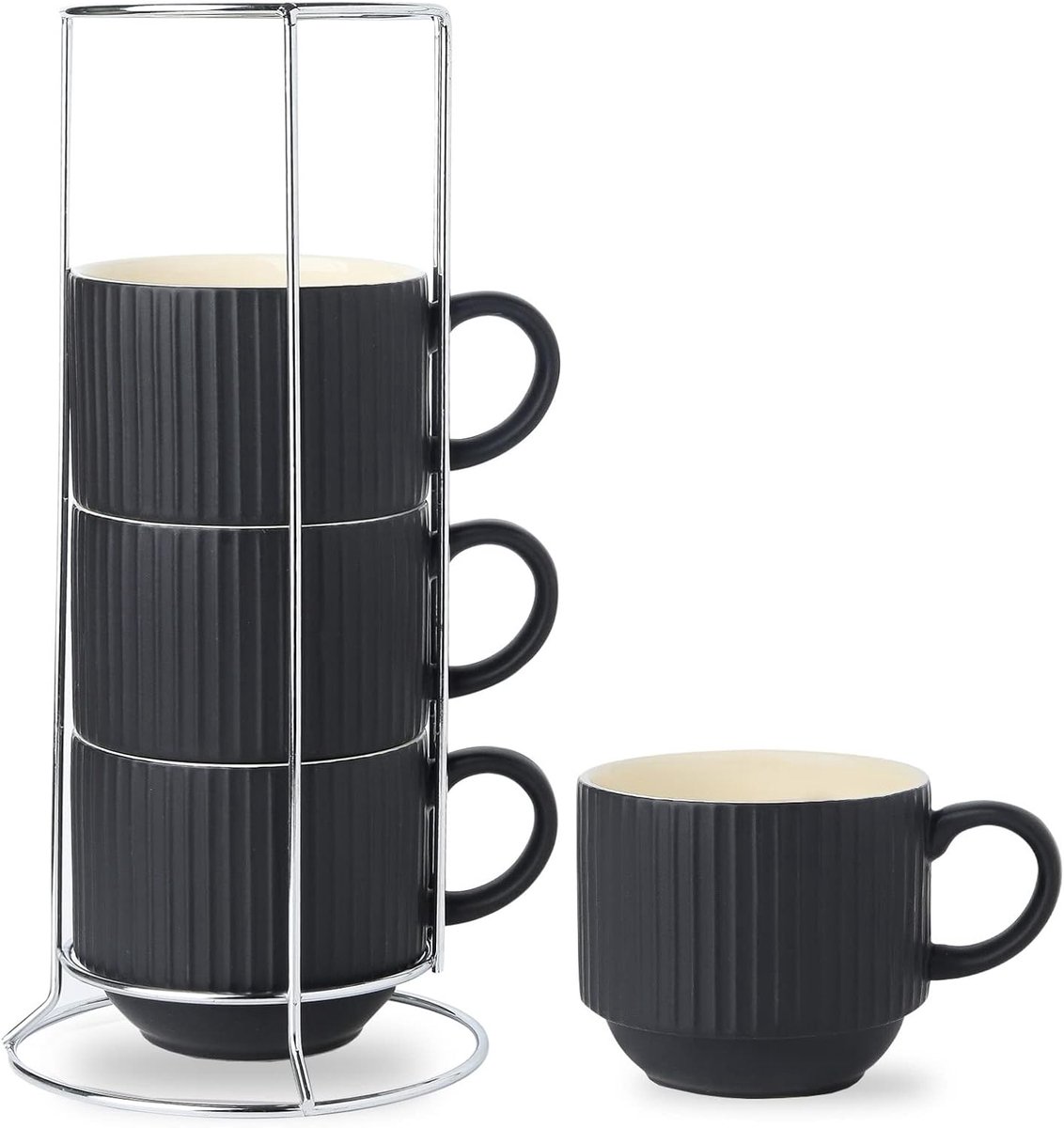 Koffiemok keramische set van 4 met standaard - 455 ml stapelbare grote porseleinen geribbelde latte kopjes set voor cappuccino, thee, warme chocolademelk, dranken - vaatwasmachinebestendig en