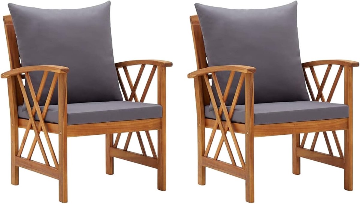 Set van 2 stoelen, armleuningen, fauteuils, tuin, massief acaciahout, met kussen, 59 x 67 x 83 cm, houten tuinstoel voor de tuin, stoel voor buiten