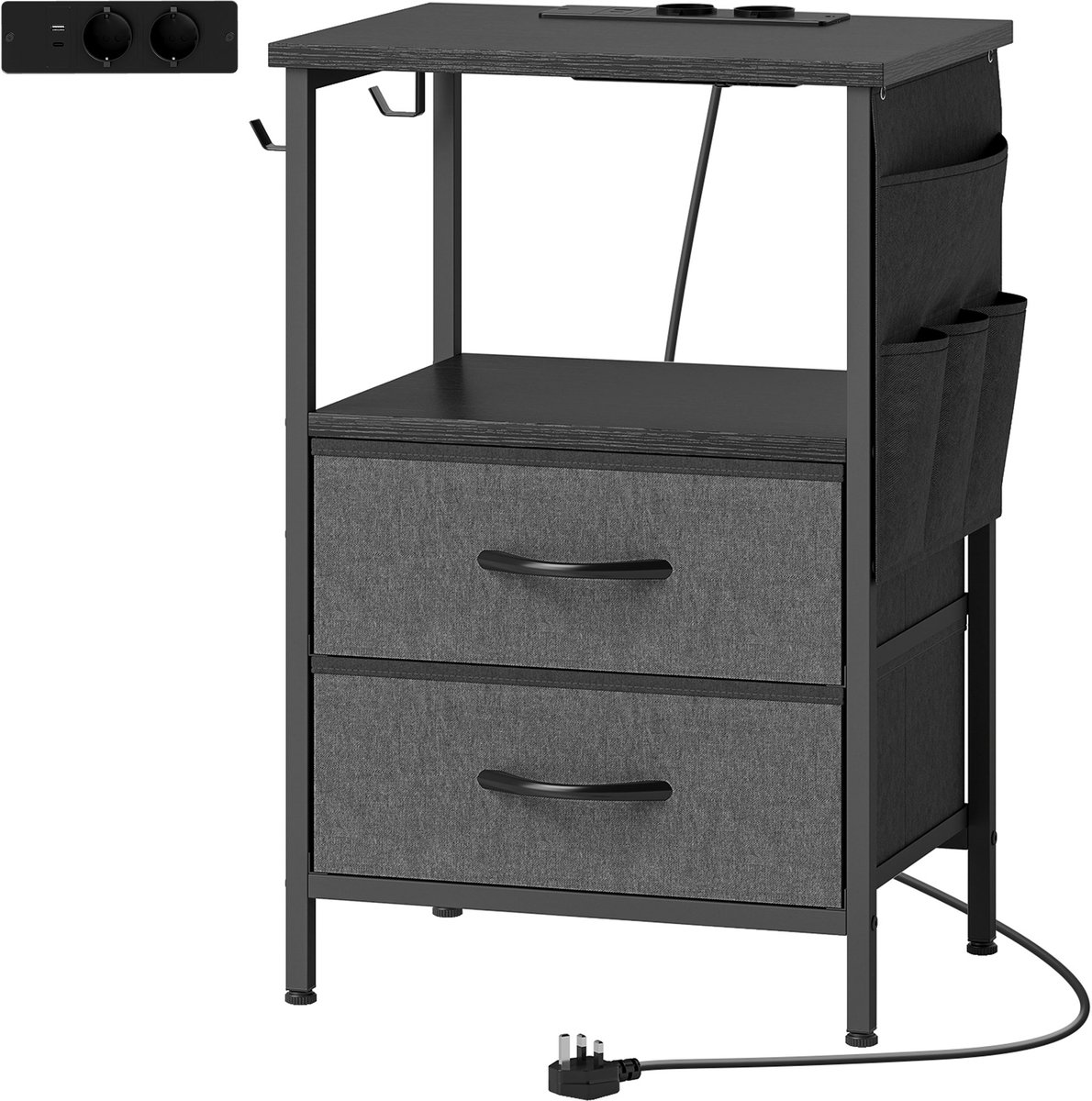 Homona Bijzettafel met oplaadstation - Met 2 lades en USB-poorten - 40 x 30 x 60 cm - Zwart