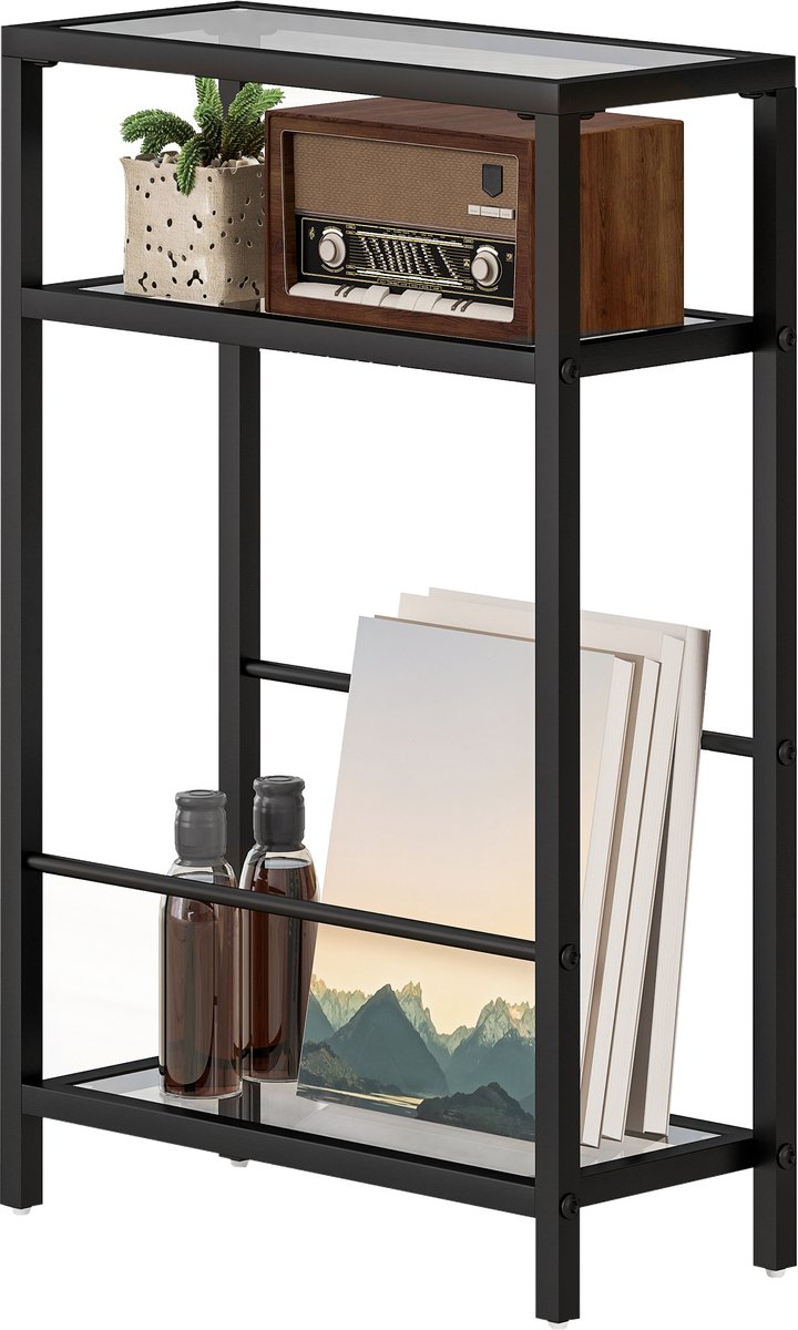 Homona Bijzettafel met 3 glazen planken - Smalle sidetable of nachtkastje - Stalen frame - 40 x 18 x 62 cm - Zwart