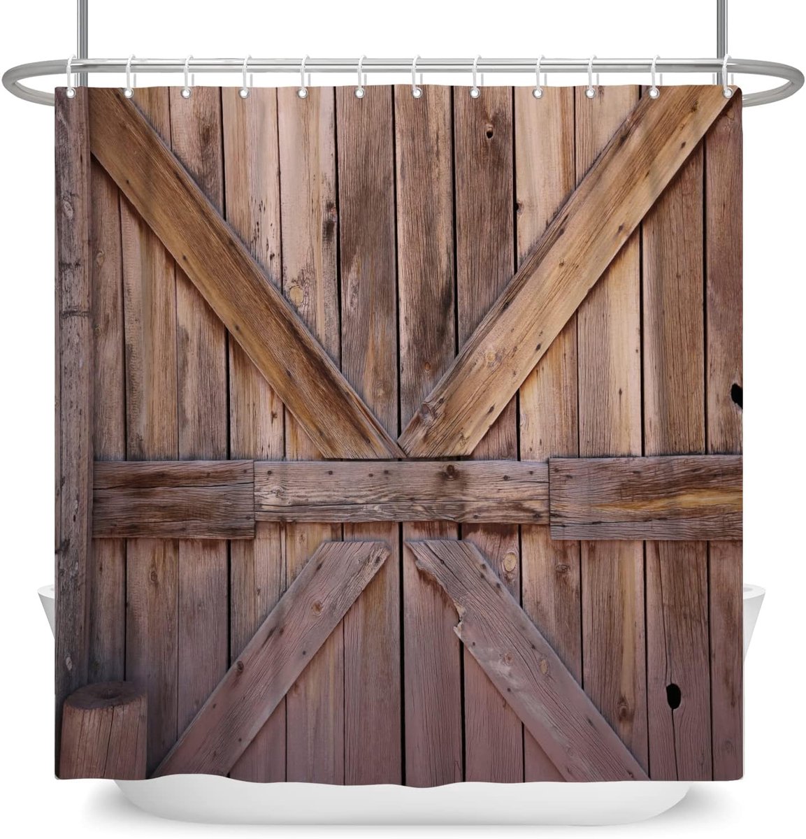 180 x 198 cm Houten vloer douchegordijn rustiek bruin oud hardhout vintage plank bad gordijn landelijke boerderij schuur deur bad gordijn voor badkamer decor stof polyester met haken