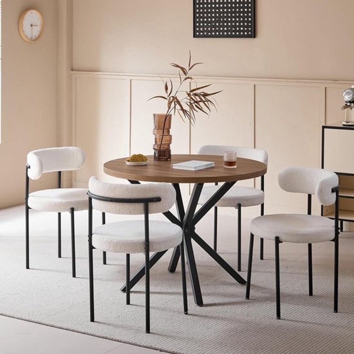 Ronde eettafelset 100 cm - met 4 eetkamerstoelen - in donker hout en wit