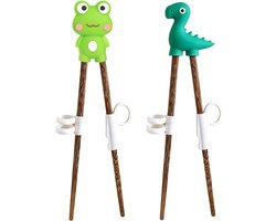 2 Paar Kinderstokjes, 18cm Houten Trainingsstokjes met 3-Vinger Helper, BPA-Vrije Leer-eetstokjes voor Peuters en Kinderen 1-8 Jaar (Kikker/Dinosaurus)