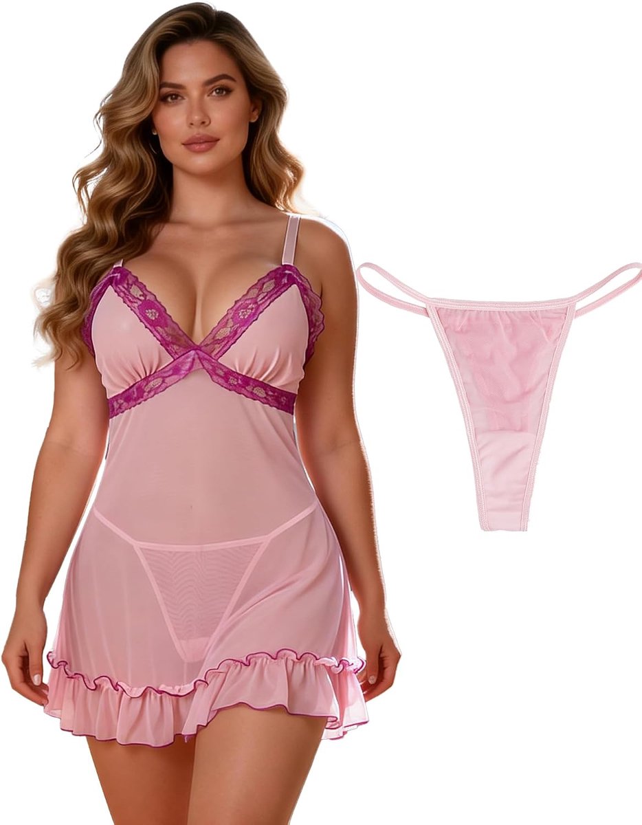 Babydoll voor dames, kant, transparant, nachtjurk met string