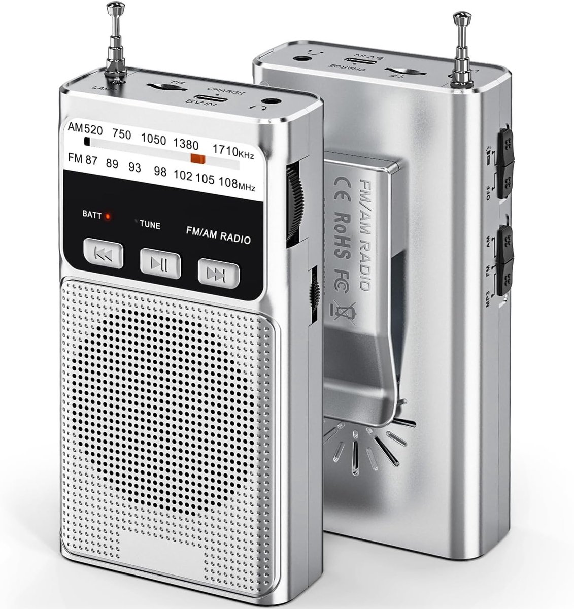 Kleine Draagbare AM/FM-Radio - Zilver - Met Oplaadbare Batterij en Hoofdtelefoonaansluiting - Voor Buiten- en Thuisgebruik