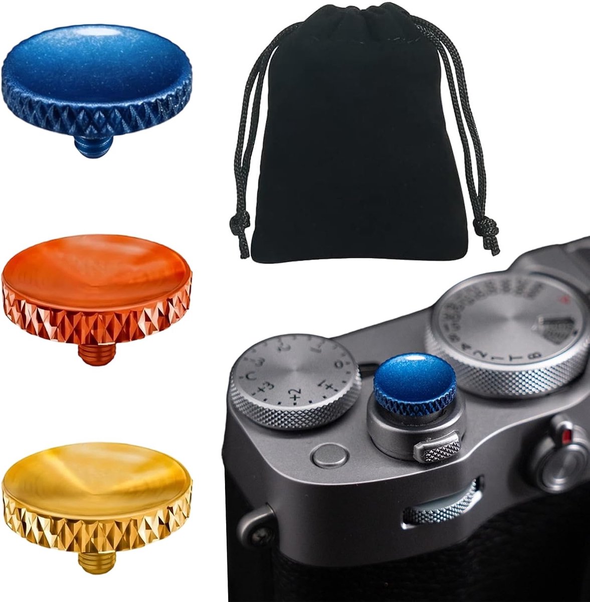 3 stuks camera-ontspannerknop van metaal, concave ontgrendelingsknop 11 mm, met fluwelen zakje - goud, oranje, blauw