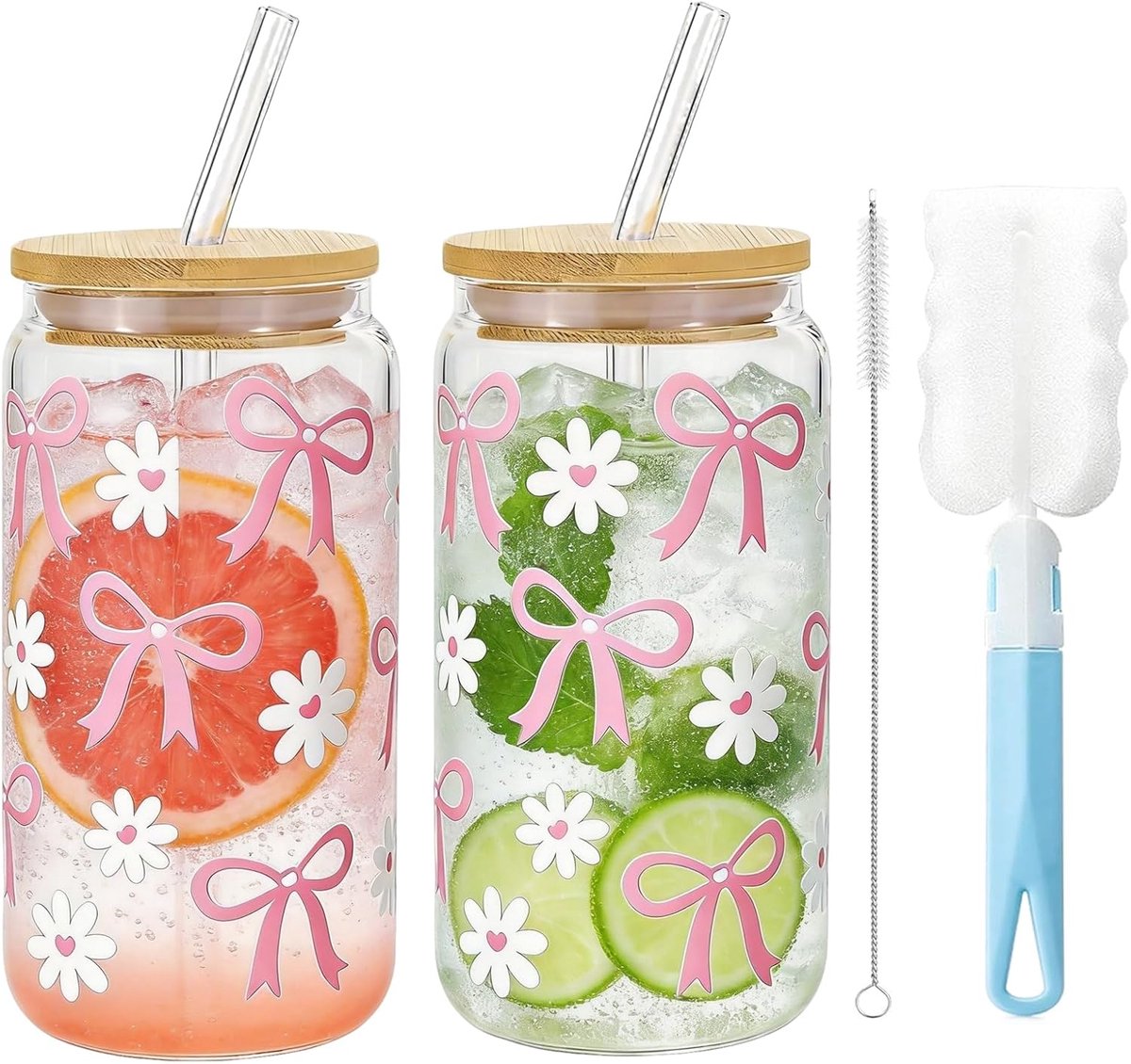 Set van 2 drinkglazen met rietje en deksel 500 ml ijskoffie glazen beker