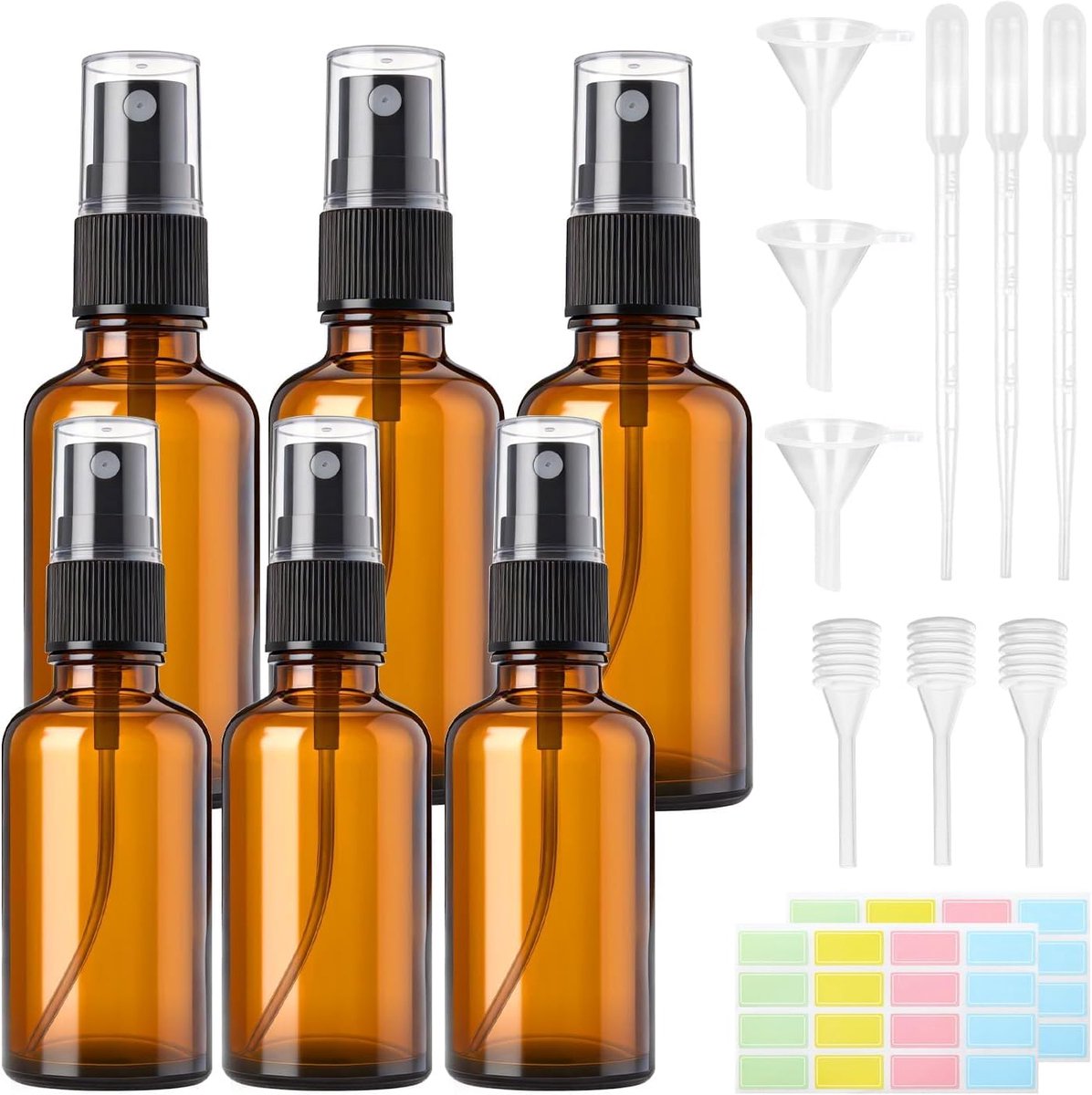 Set van 4 spuitflesjes van bruin glas, met trechter, pipetten en etiketten, navulbaar, voor water, alcohol, cosmetica, parfum, aromatherapie (2 x 50 ml + 2 x 30 ml)