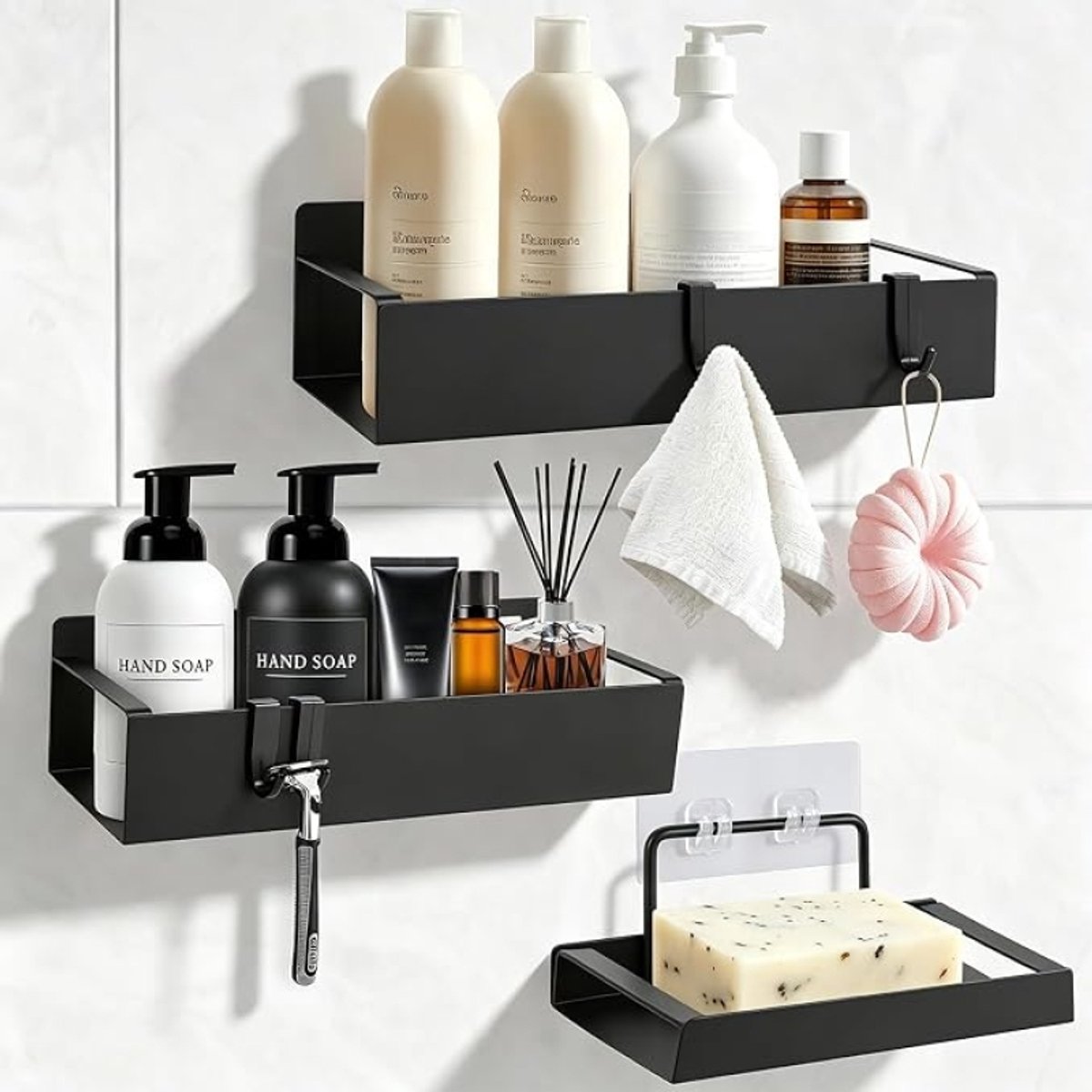 Set van 3 zwarte doucheplanken zonder boren, roestvrije badkamerorganizer met 4 haken, doucheplank zonder boren voor shampoo, douchegel, cosmetica
